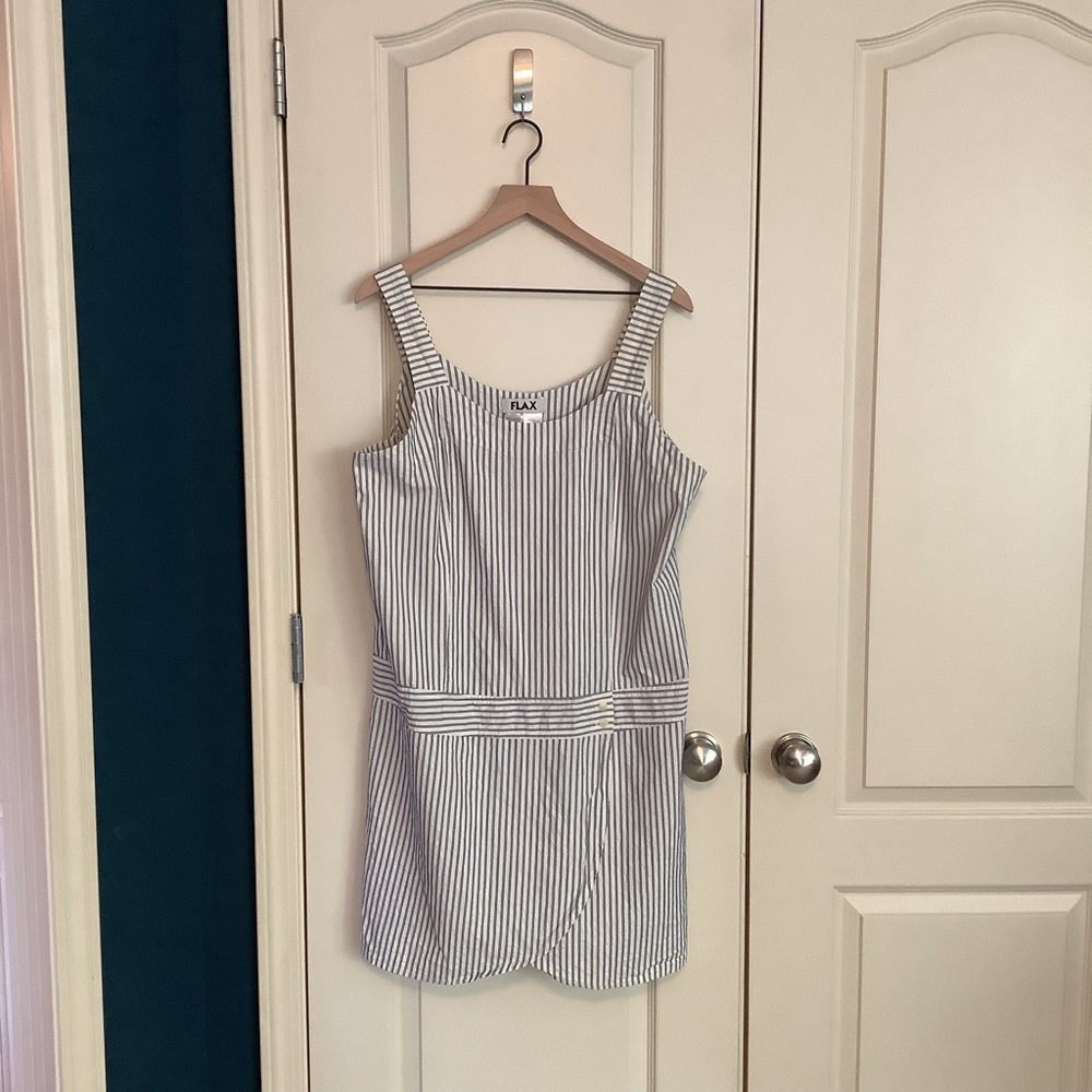 Flax Linen Striped Tank Dress Blue Cream Medium